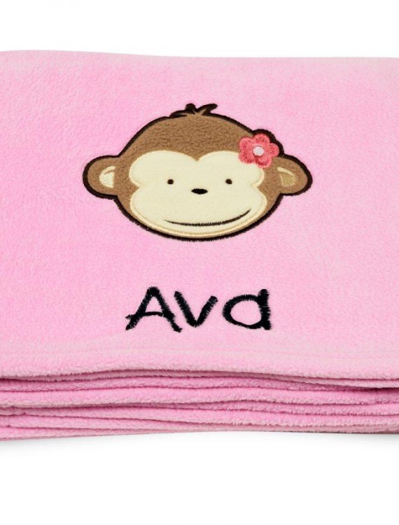 Pink Mod Monkey Applique Fleece Blanket - Embroidered