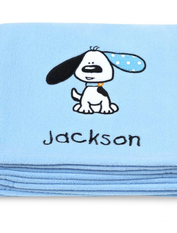 Playful Puppy Blue Applique Fleece Blanket - Embroidered